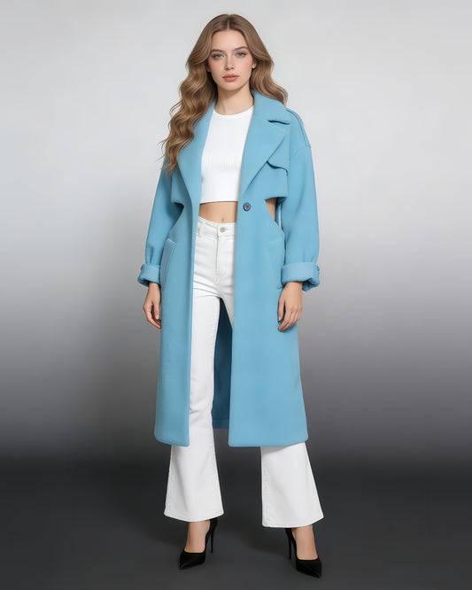 Blue Shearling Coat with Cutout Waist