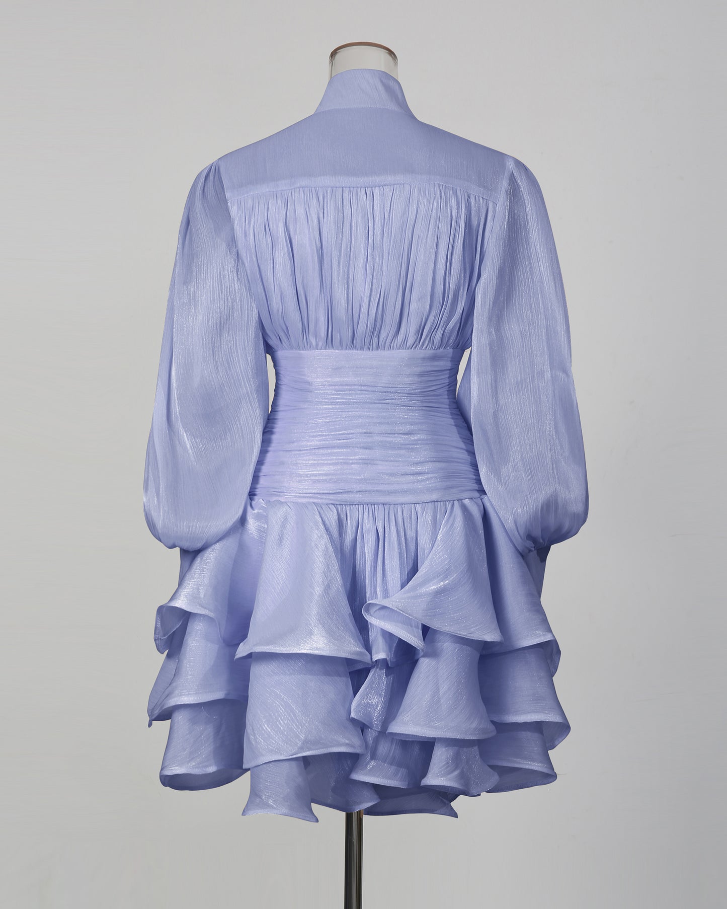 Blue Shimmer Puff Sleeve Ruffled Mini Dress