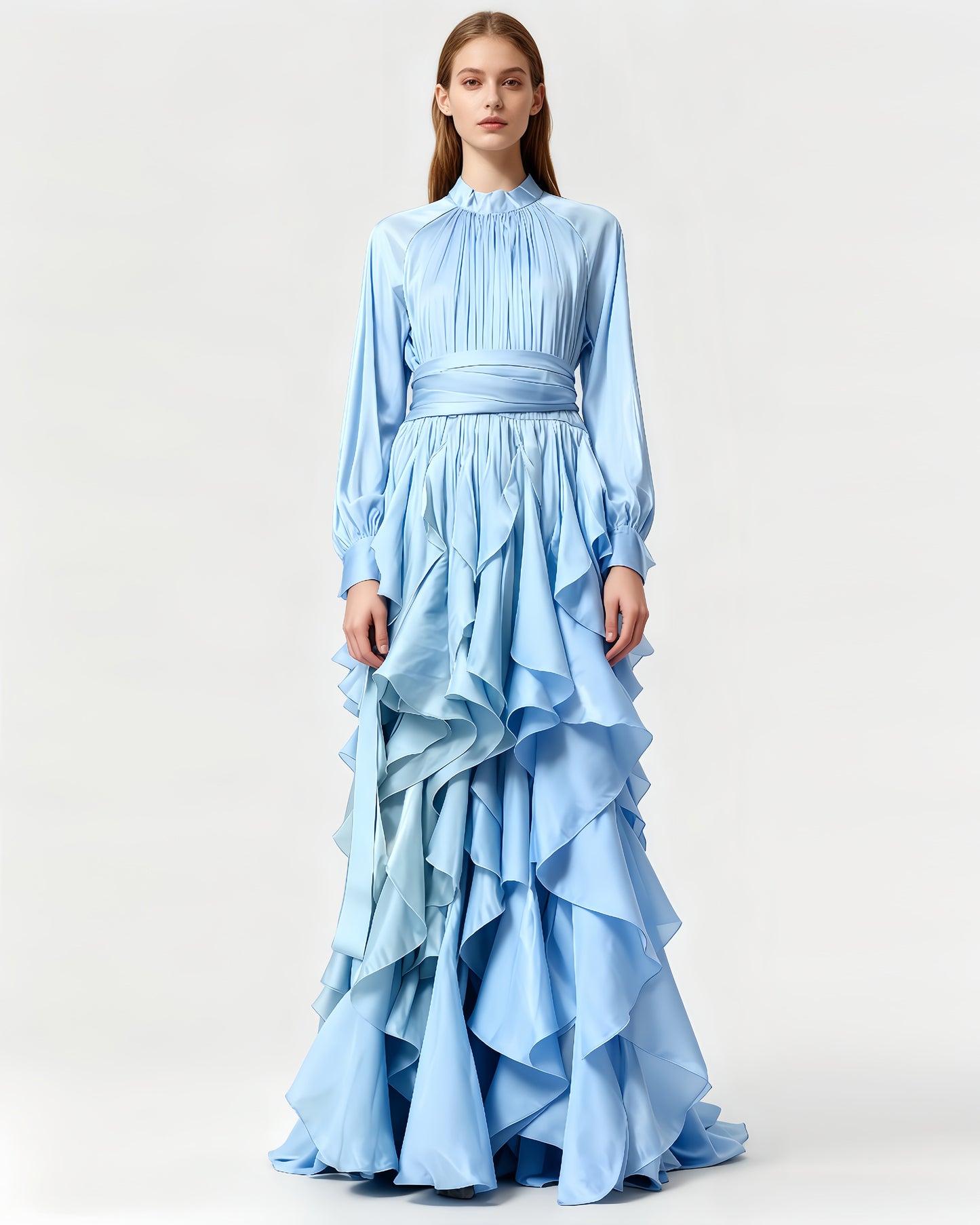 Blue Shiny Ruffled Maxi Dress with High Neck & Tie Cuffs