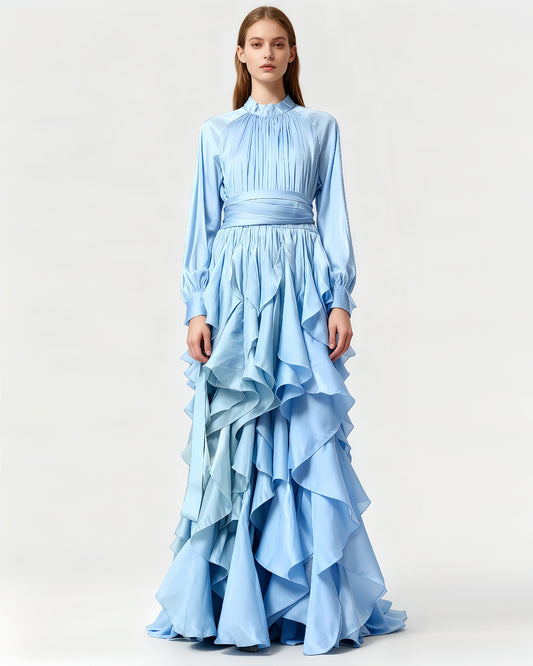 Blue Shiny Ruffled Maxi Dress with High Neck & Tie Cuffs