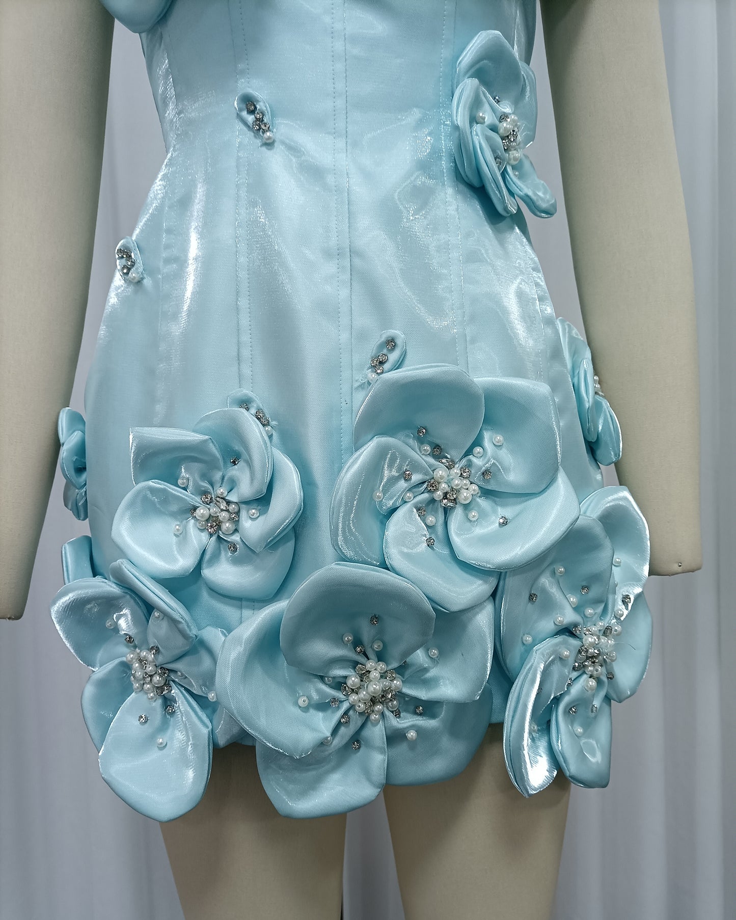 Blue Strapless Patchwork Flower Tunic Mini Dress