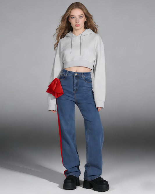 Blue Denim Wide-Leg Jeans with Red Bow