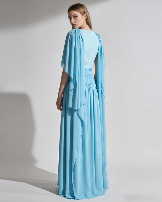 Blue Draped Cowl Neck Chiffon Maxi Dress