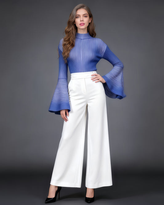 Blue Striped Knit Sweater with Bell Sleeve