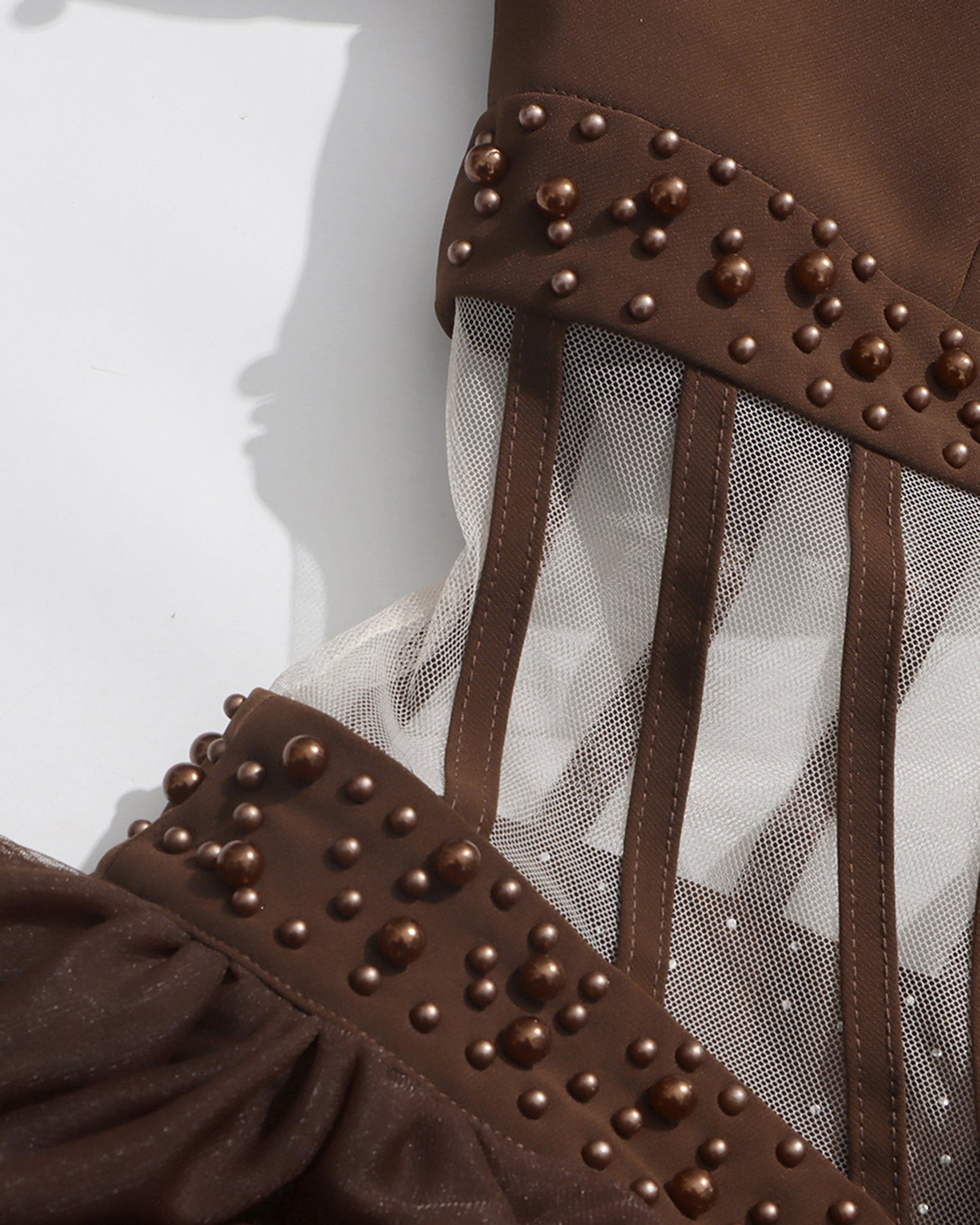 Brown Beaded Sheer Tiered Maxi Dress