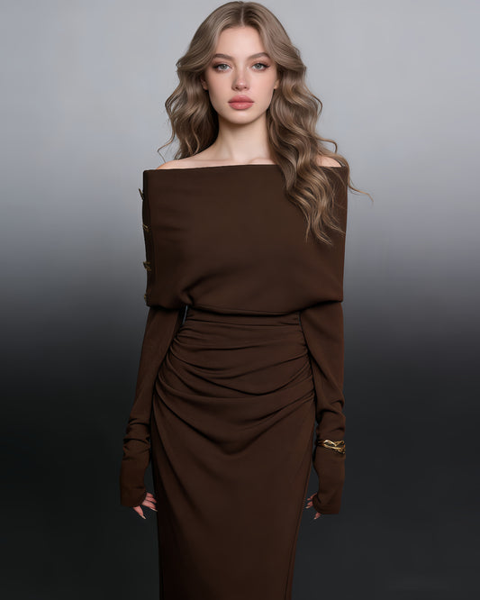 Brown Off-Shoulder Ruched Slit Maxi Dress