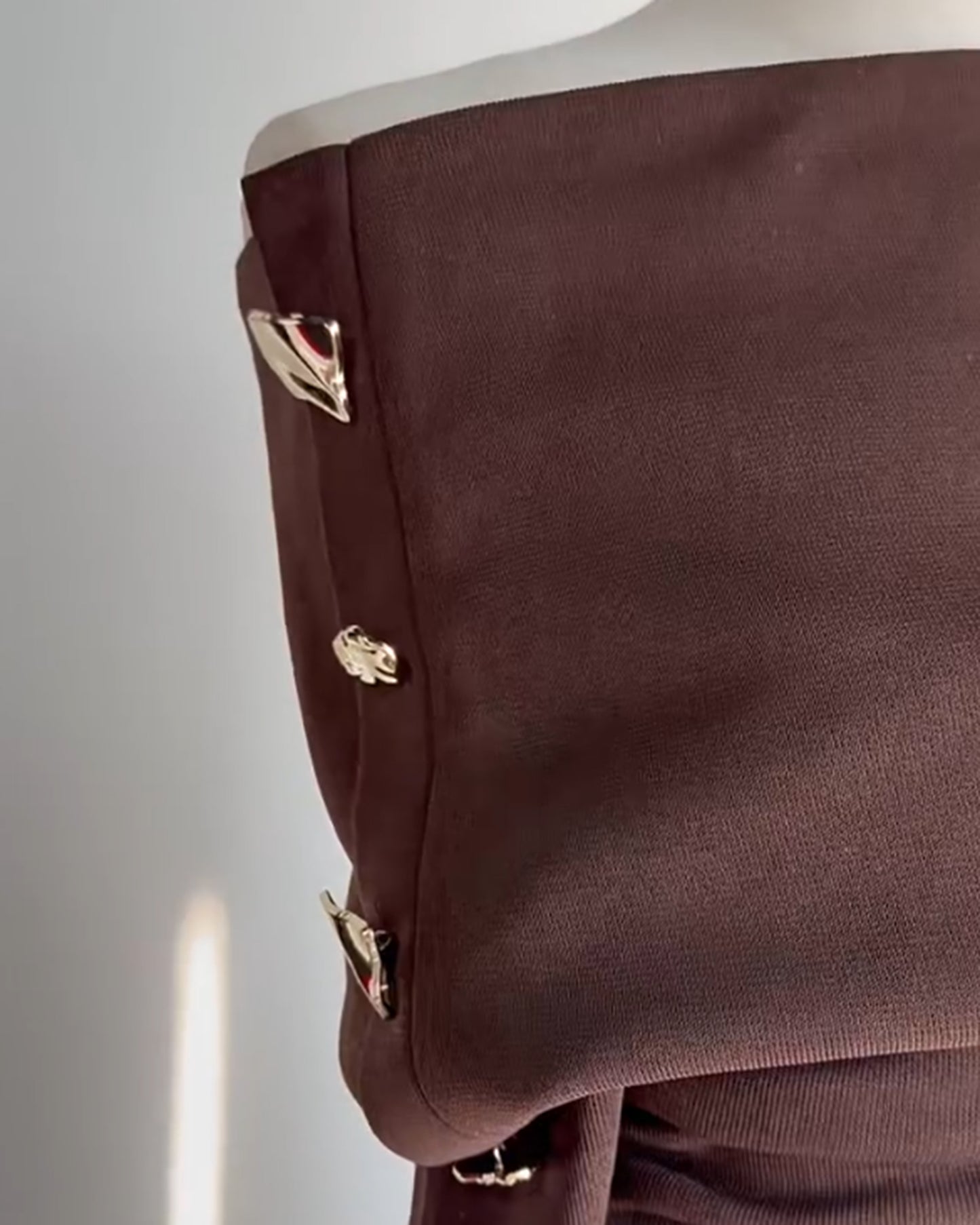 Brown Off-Shoulder Ruched Slit Maxi Dress