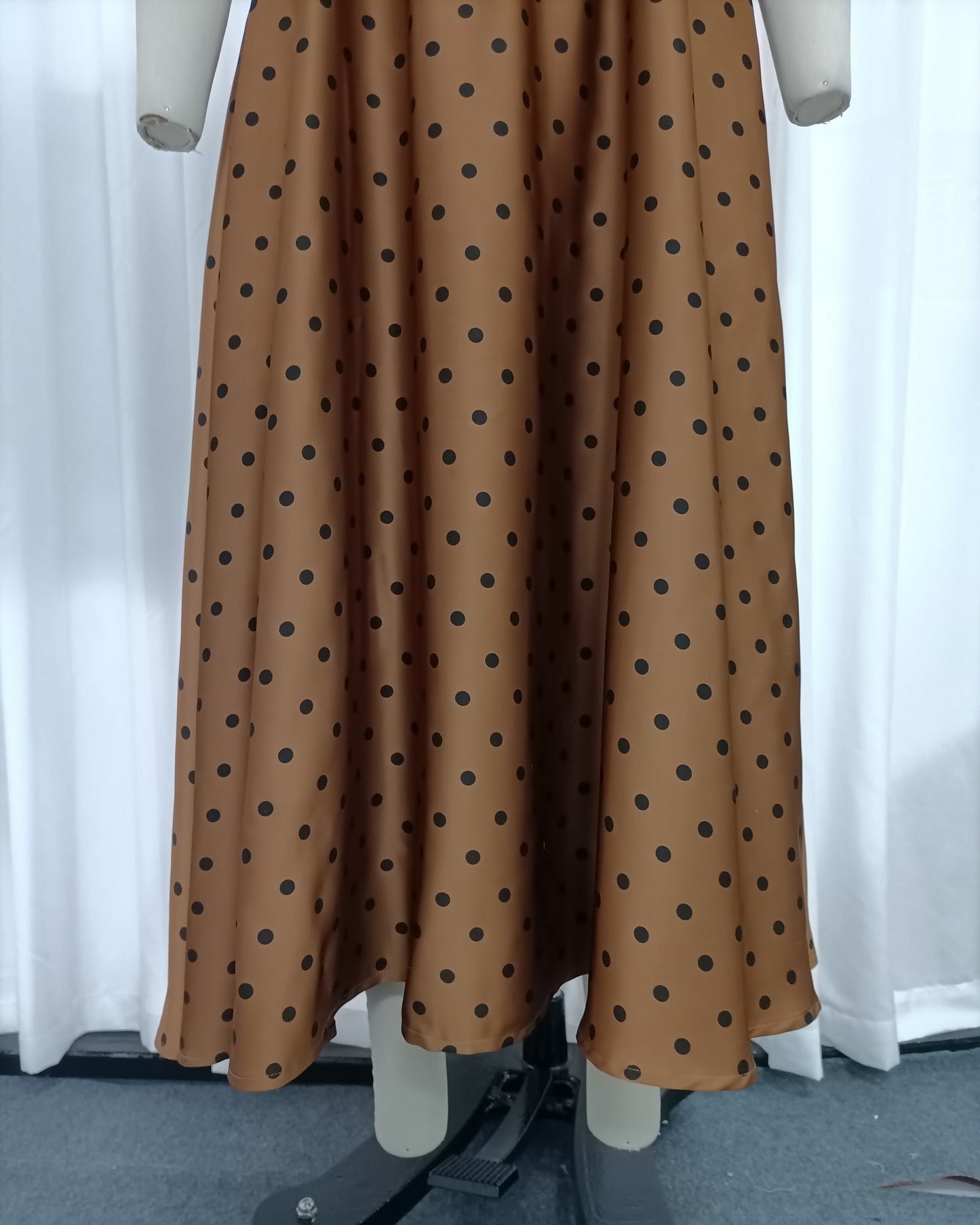 Brown Polka Dot Spaghetti Strap A-line Midi Dress