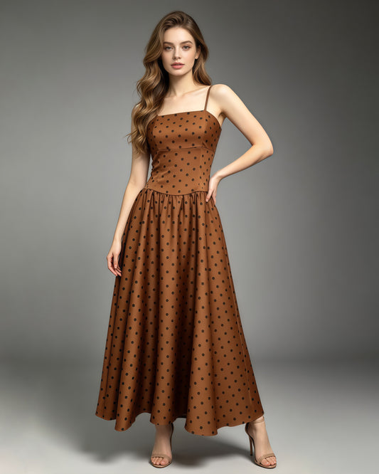 Brown Polka Dot Spaghetti Strap A-line Midi Dress