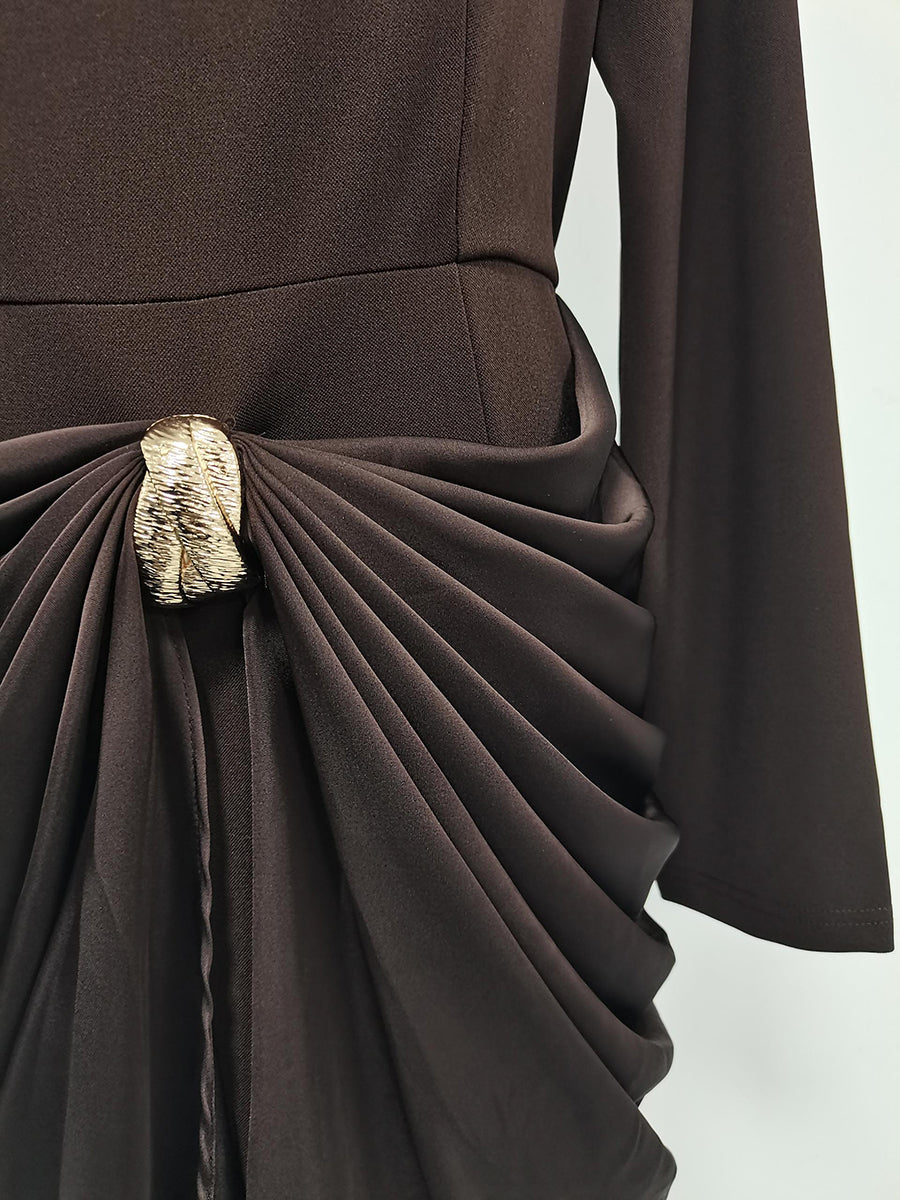 Brown Ruched Fitted Midi Dress