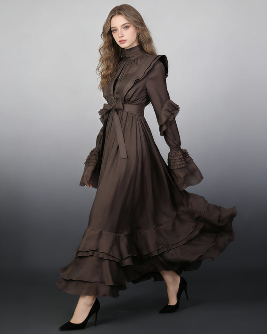 Brown Ruffled Maxi Dress with Bow Belt