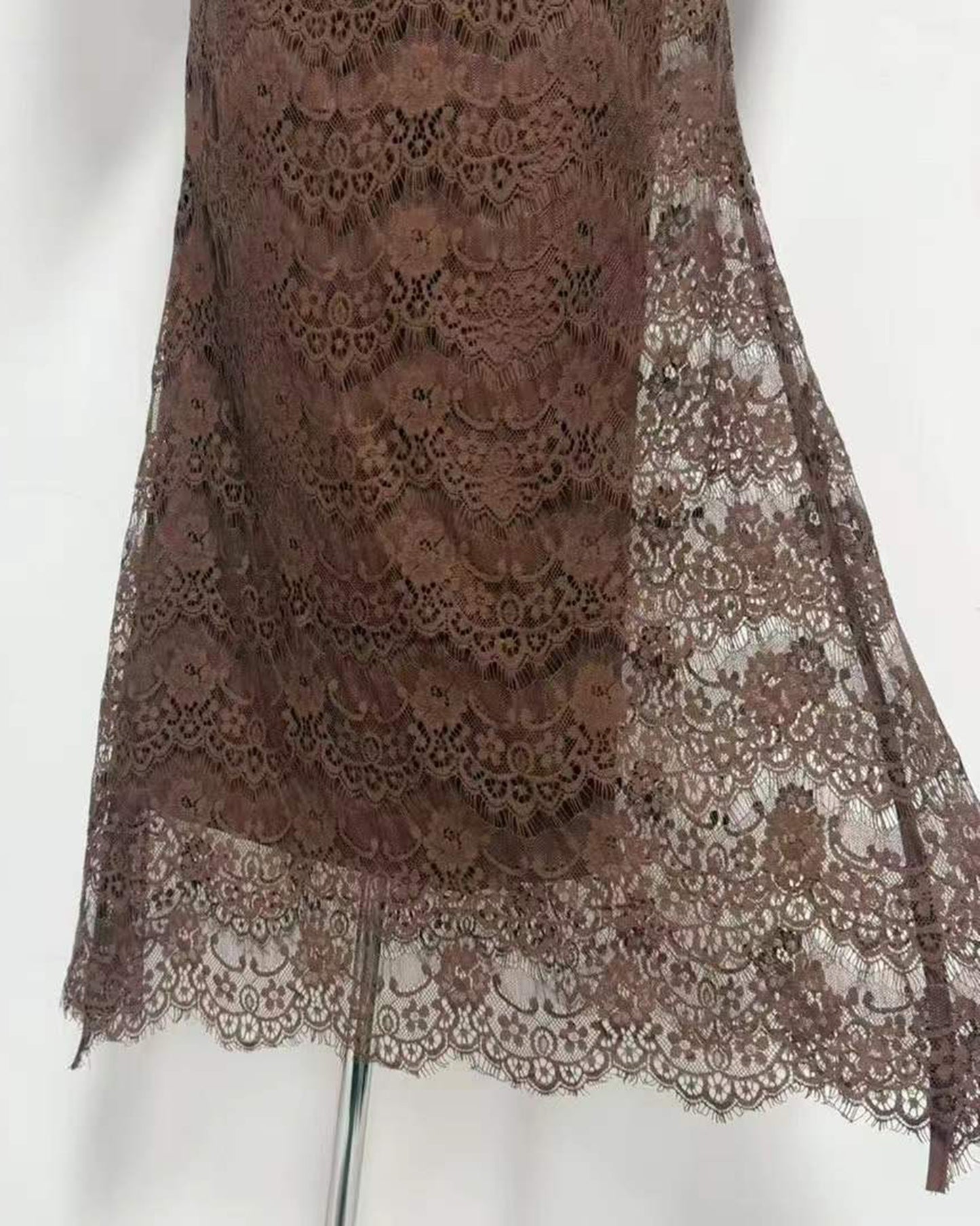 Brown Satin Top & Lace Skirt Two-Piece Set