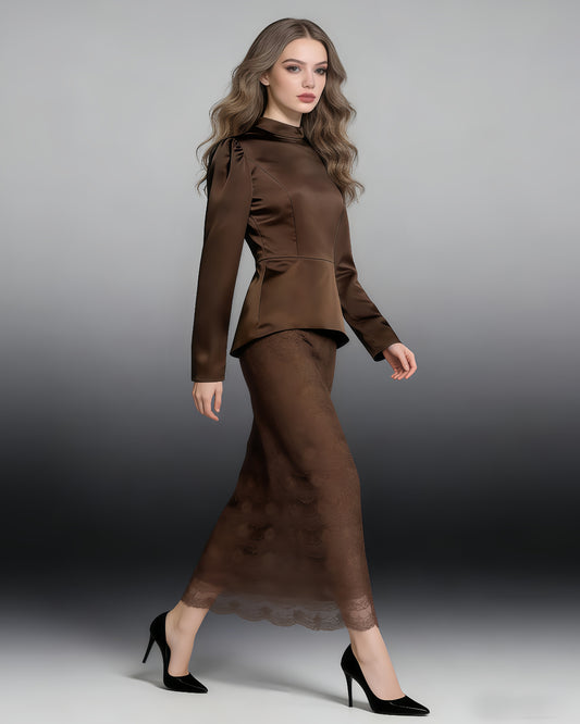 Brown Satin Top & Lace Skirt Two-Piece Set