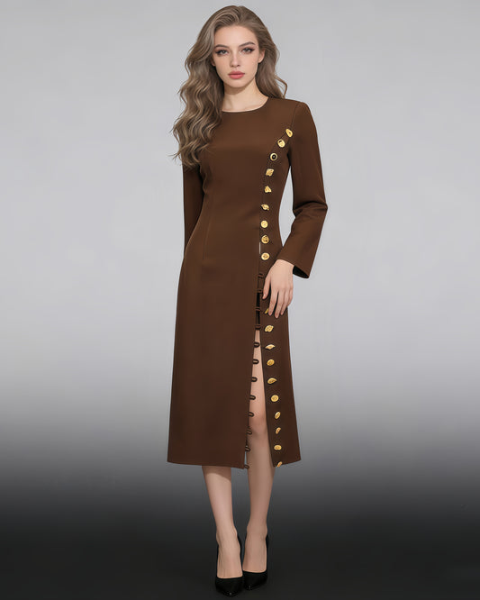 Brown Side Button Fitted Midi Dress