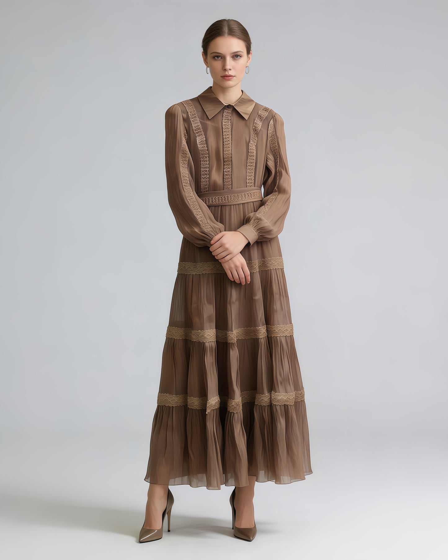 Brown Shirt Collar Lace Tiered Maxi Dress