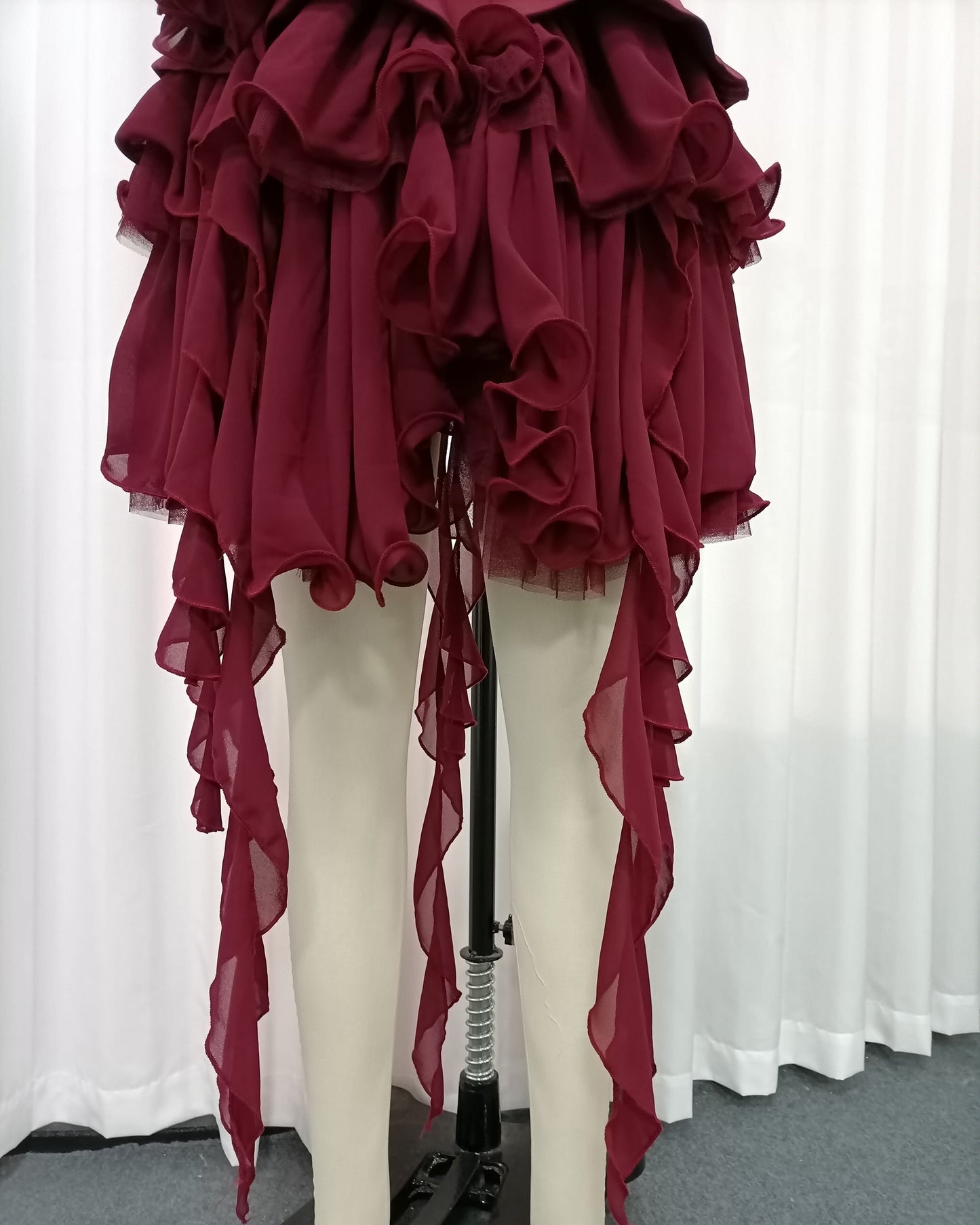 Burgundy 3D Flower Asymmetric Ruffle Mini Dress