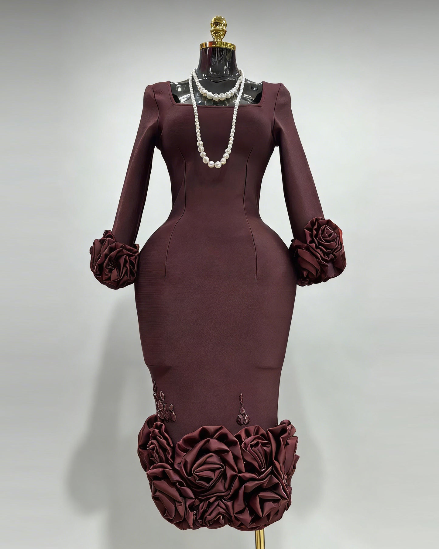Burgundy 3D Rose Floral Fitted Midi Dress
