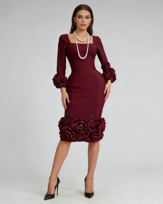 Burgundy 3D Rose Floral Fitted Midi Dress
