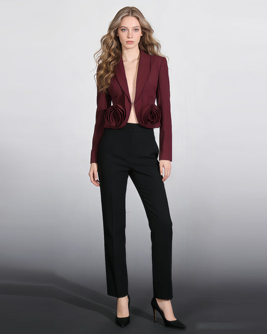 Burgundy Blazer with 3D Rose Accents