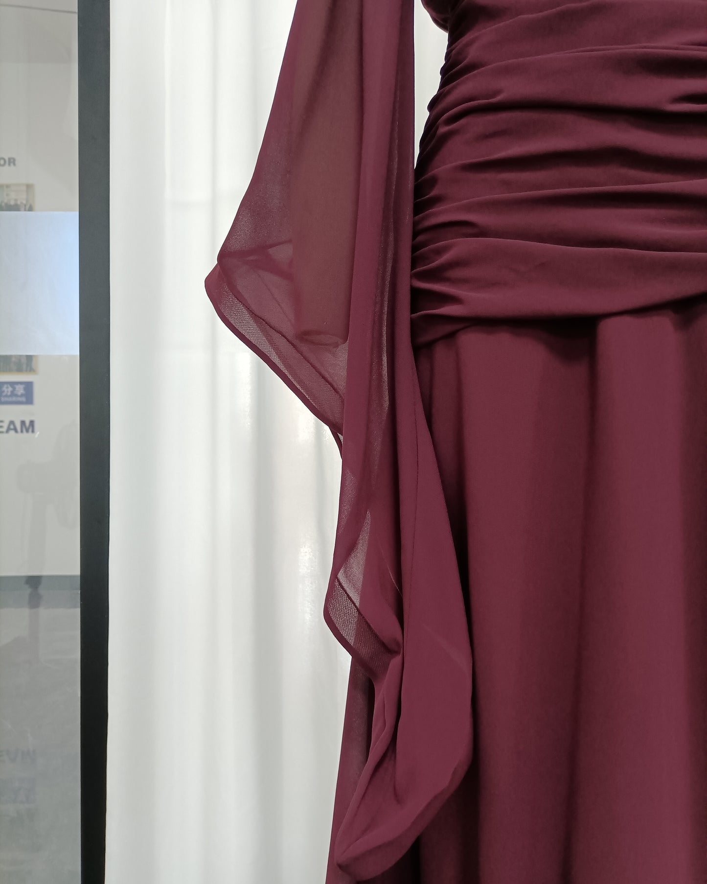 Burgundy Deep V Cape Sleeve Ruched Slit Maxi Dress