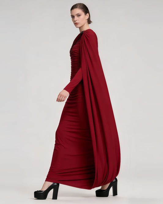 Burgundy Draped One-Shoulder Maxi Dress