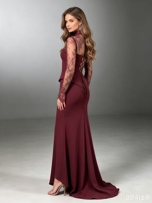 Burgundy Lace High-Neck Corset Mermaid Evening Gown
