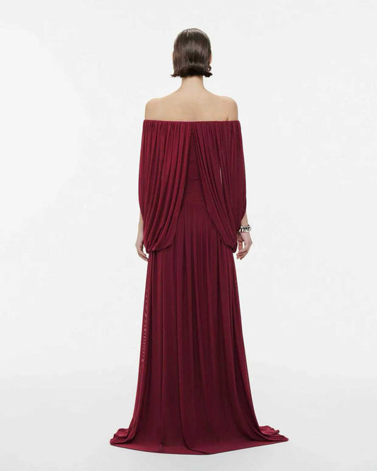 Burgundy Off-the-Shoulder Ruched Maxi Dress