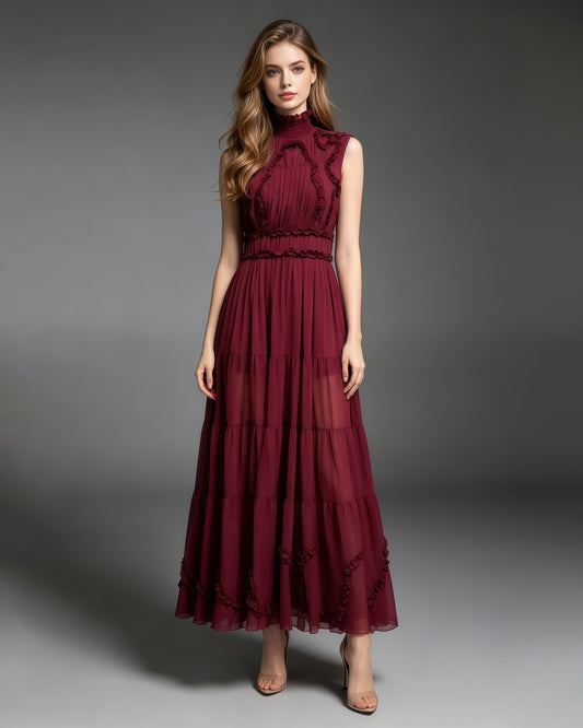Burgundy Sleeveless High Neck Ruffle Maxi Dress