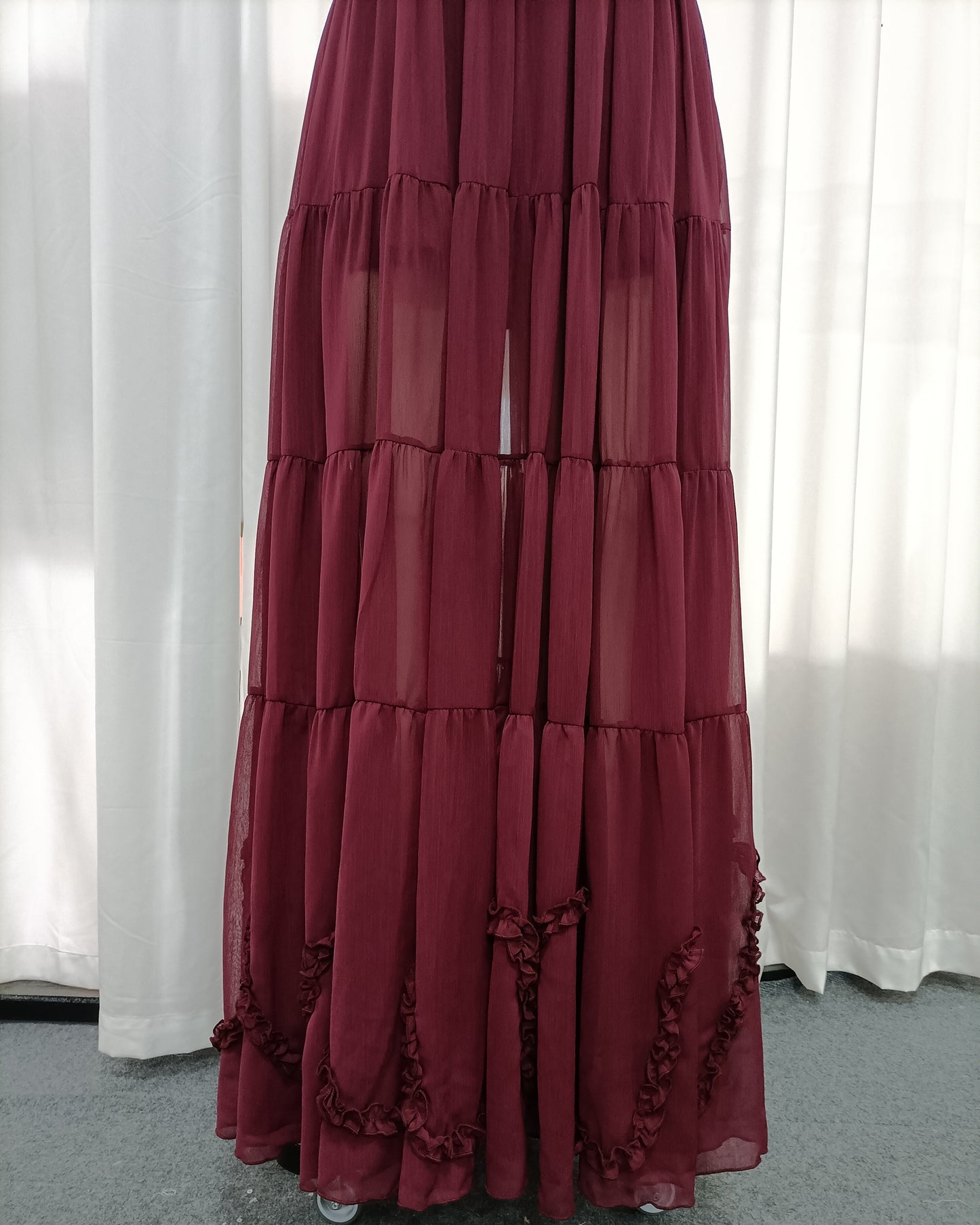Burgundy Sleeveless High Neck Ruffle Maxi Dress