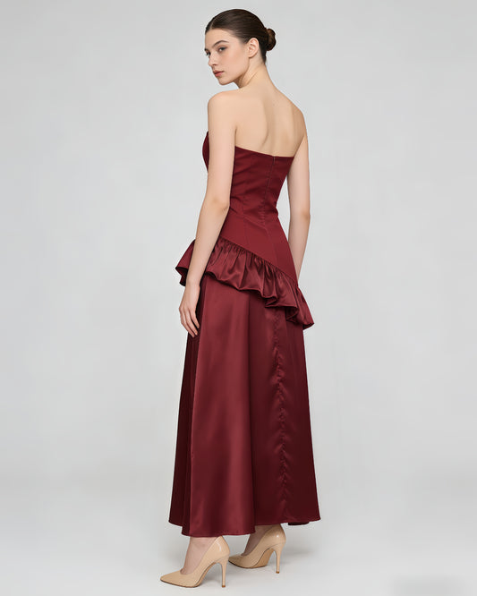 Burgundy Strapless Ruffle Satin Midi Dress