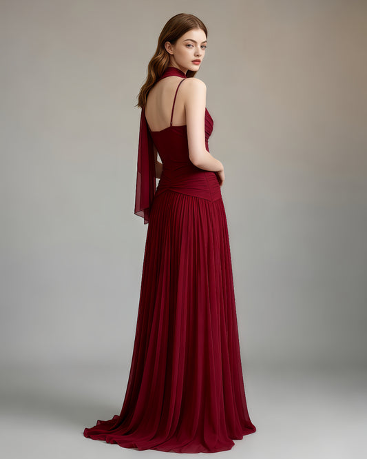 Burgundy Twist Knot Mesh Maxi Dress