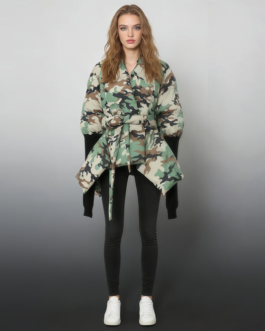 Camo Print Wrap Puffer Jacket with Tie Waist