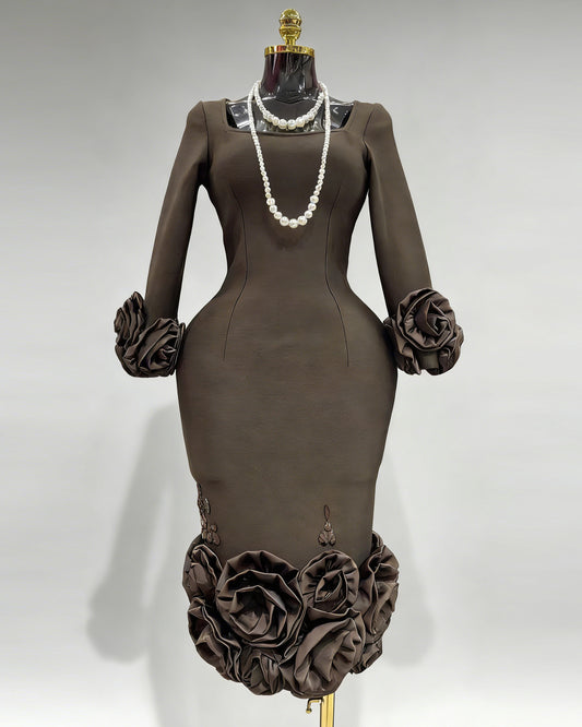 Coffee 3D Rose Floral Fitted Midi Dress