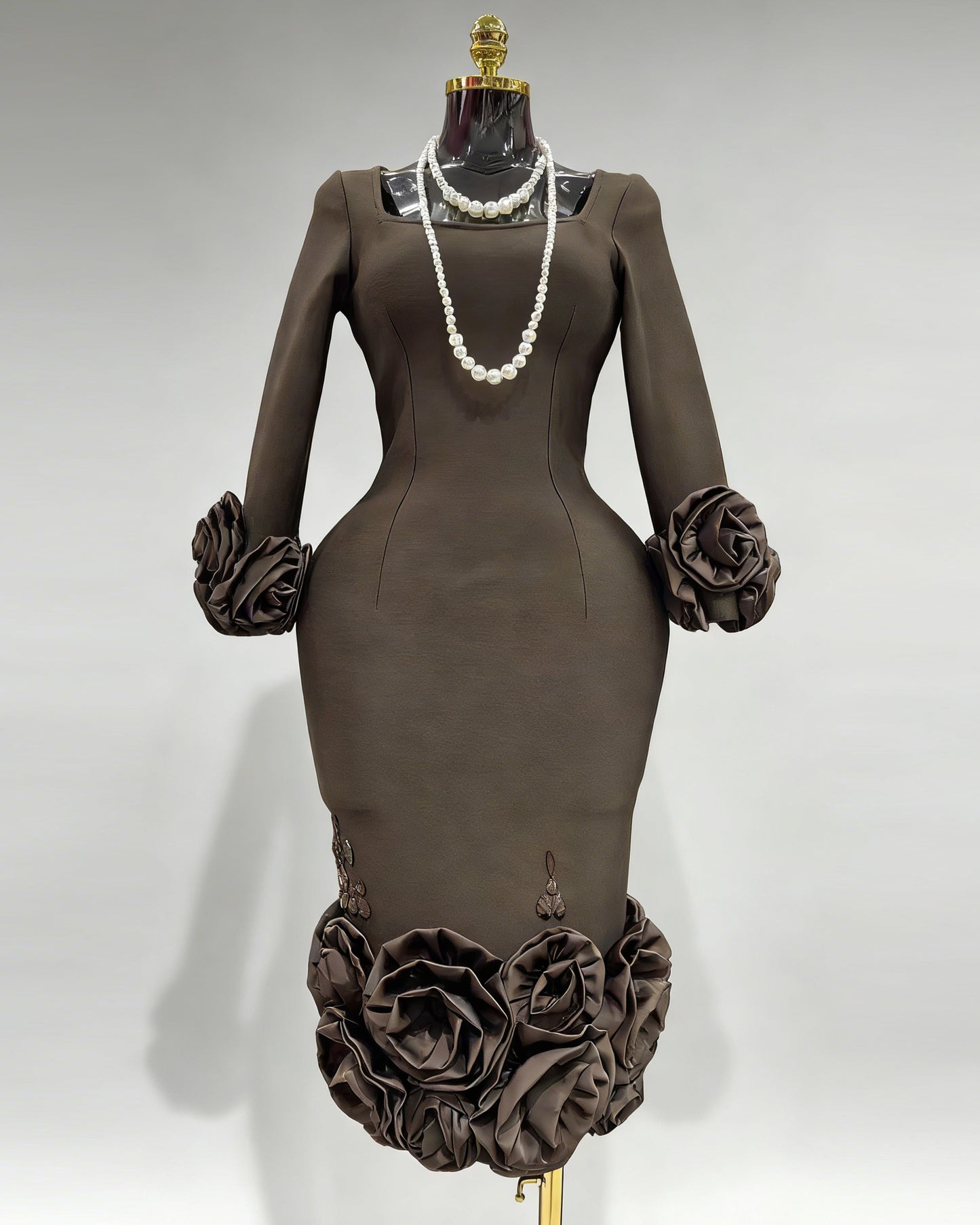 Coffee 3D Rose Floral Fitted Midi Dress