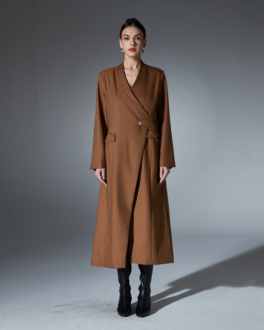 Coffee Brown Wrap Longline Blazer Jacket