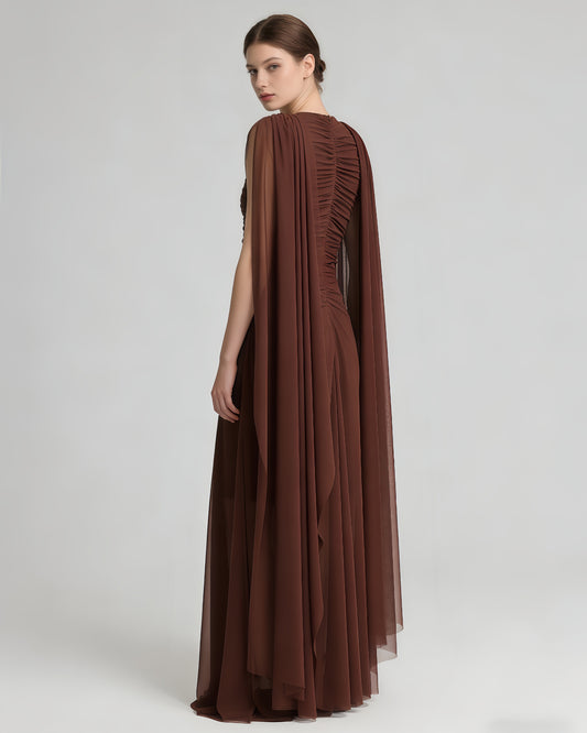 Coffee Cape-Style Twist Cutout Mesh Maxi Dress