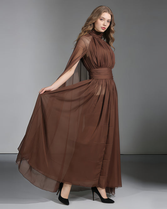 Coffee Chiffon Cape-Sleeve Halter Maxi Dress