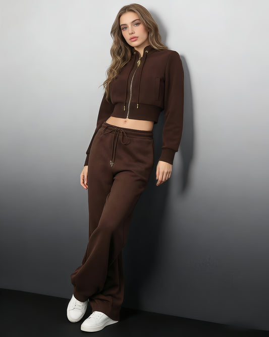 Coffee Cropped Zip-Up Jacket & Jogger Set