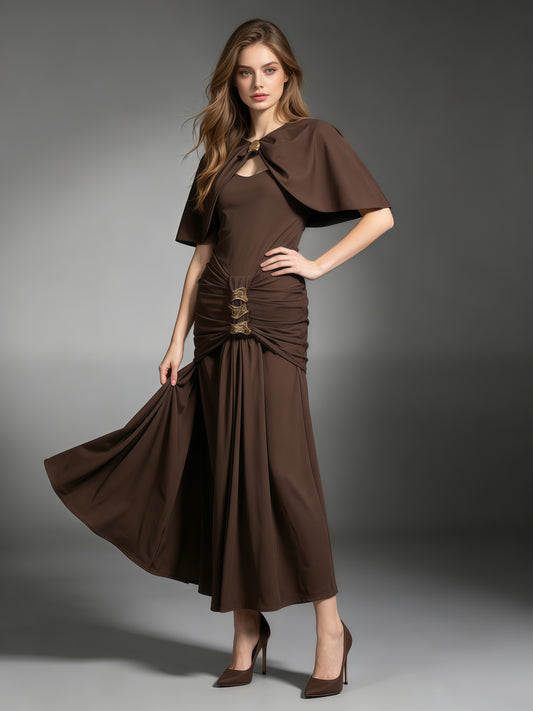 Coffee Cutout Neck Ruched Waist Maxi Dress