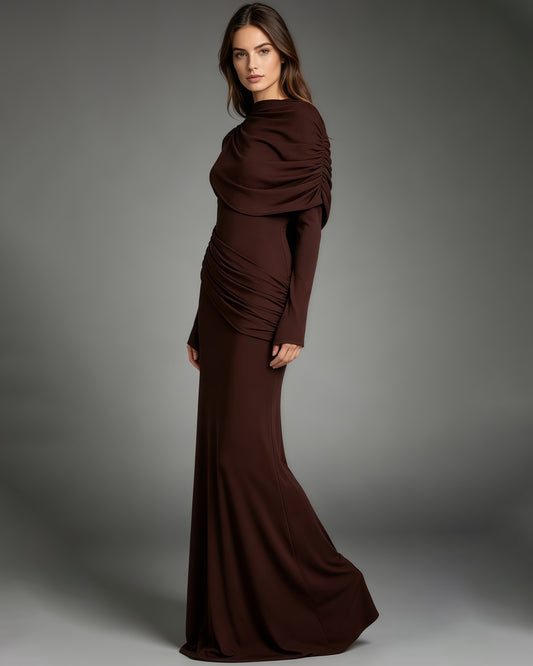 Coffee Draped Fold Cape Sleeve Maxi Dress