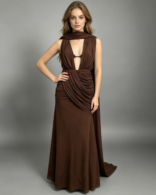 Coffee Draped Halter Open Back Maxi Dress