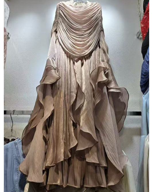 Coffee Draped Ruffled Asymmetrical Maxi Gown