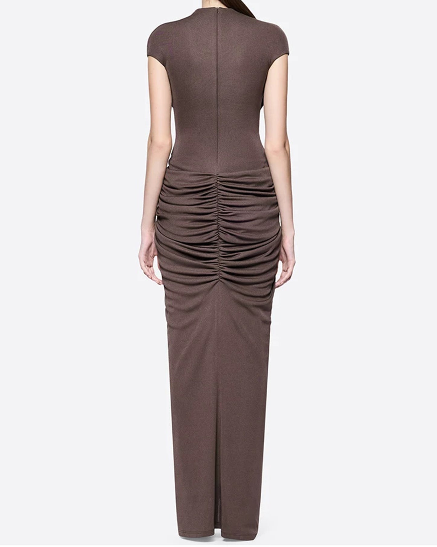 Coffee Draped Stand Collar Sleeveless Maxi Dress