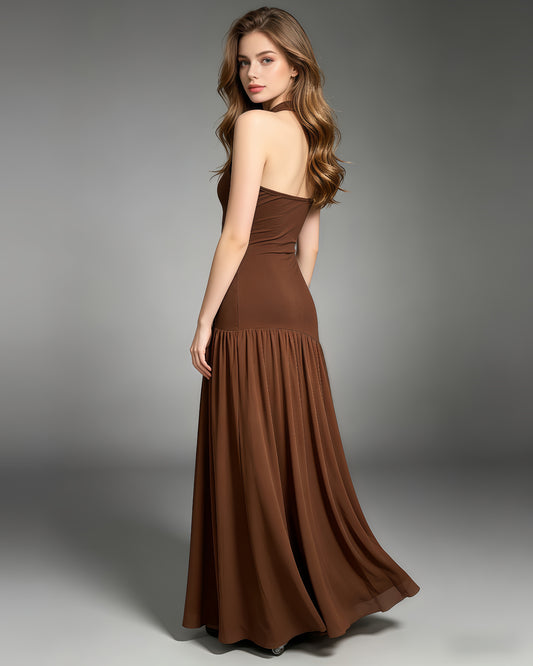 Coffee Halter Cutout Asymmetric Hem Maxi Dress