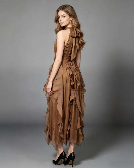 Coffee Halter Neck Ruffle Midi Dress