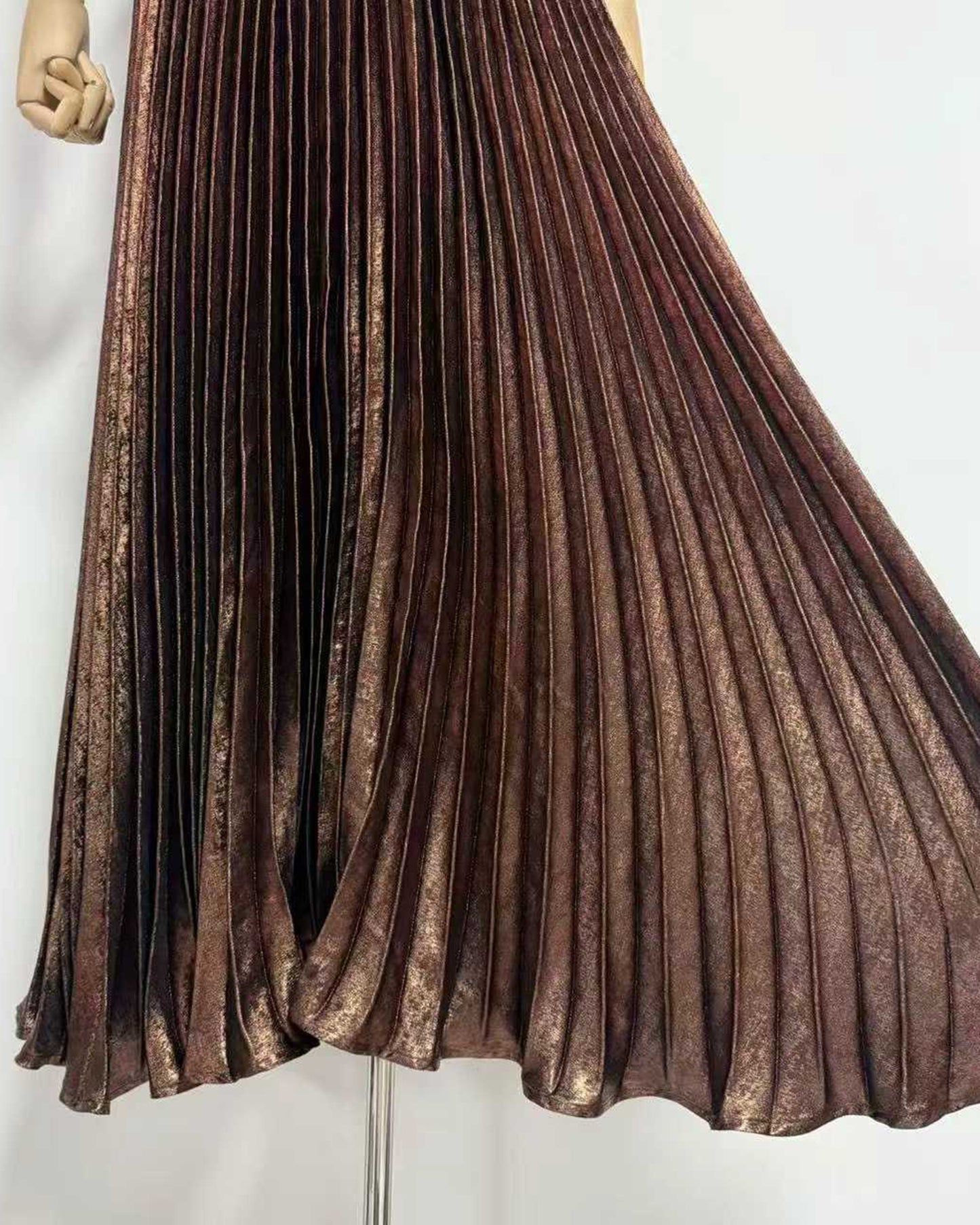 Coffee Metallic Pleated Tunic Maxi Dress