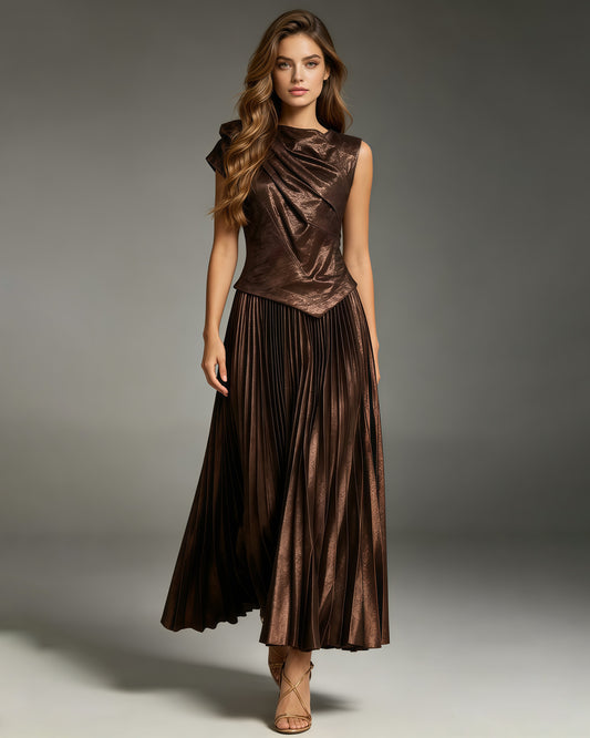 Coffee Metallic Pleated Tunic Maxi Dress