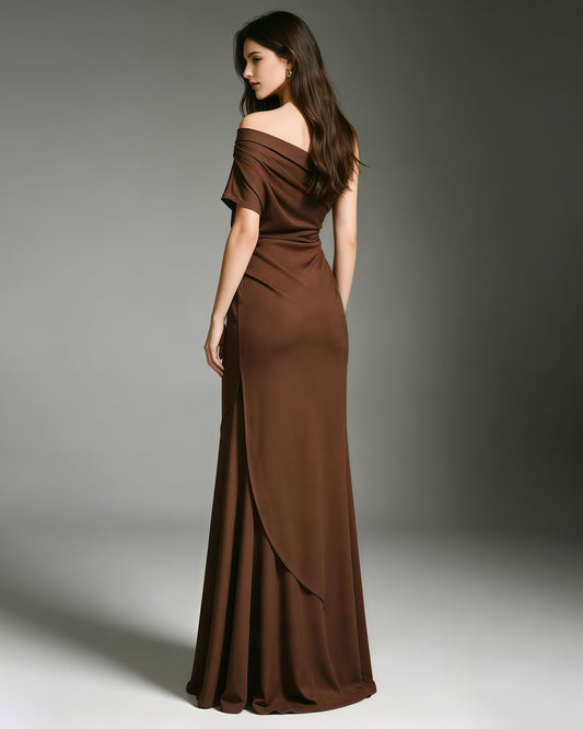 Coffee Off-Shoulder Asymmetry Ruched Maxi Dress