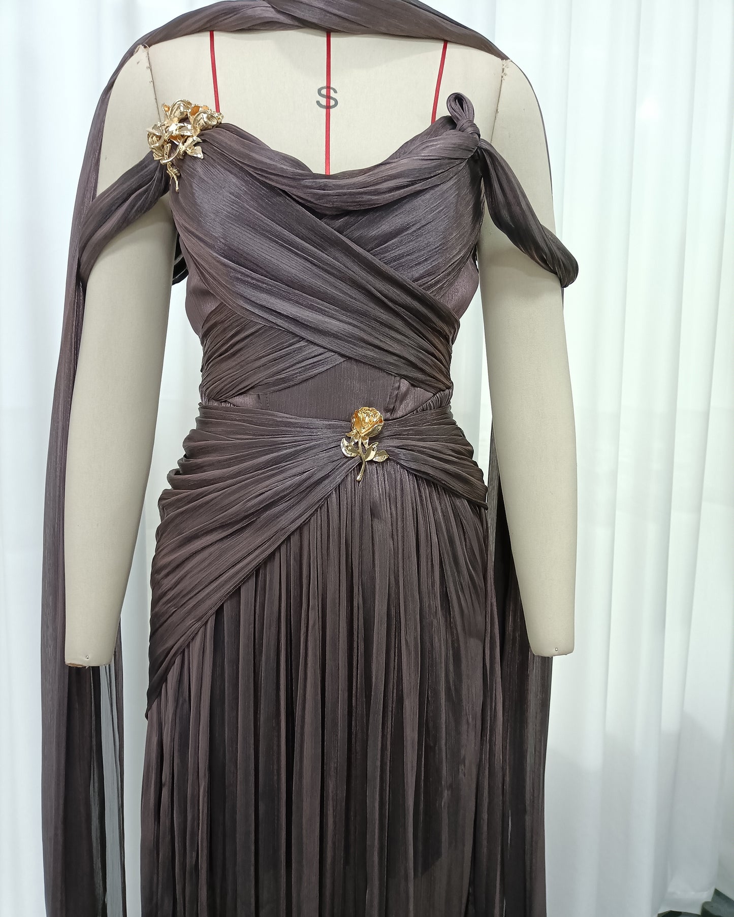 Coffee Off-Shoulder Gold Accent Ruched Maxi Dress
