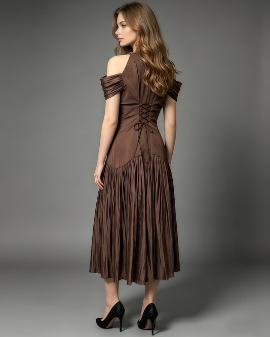 Coffee Off Shoulder Ruched Solid Midi Dress